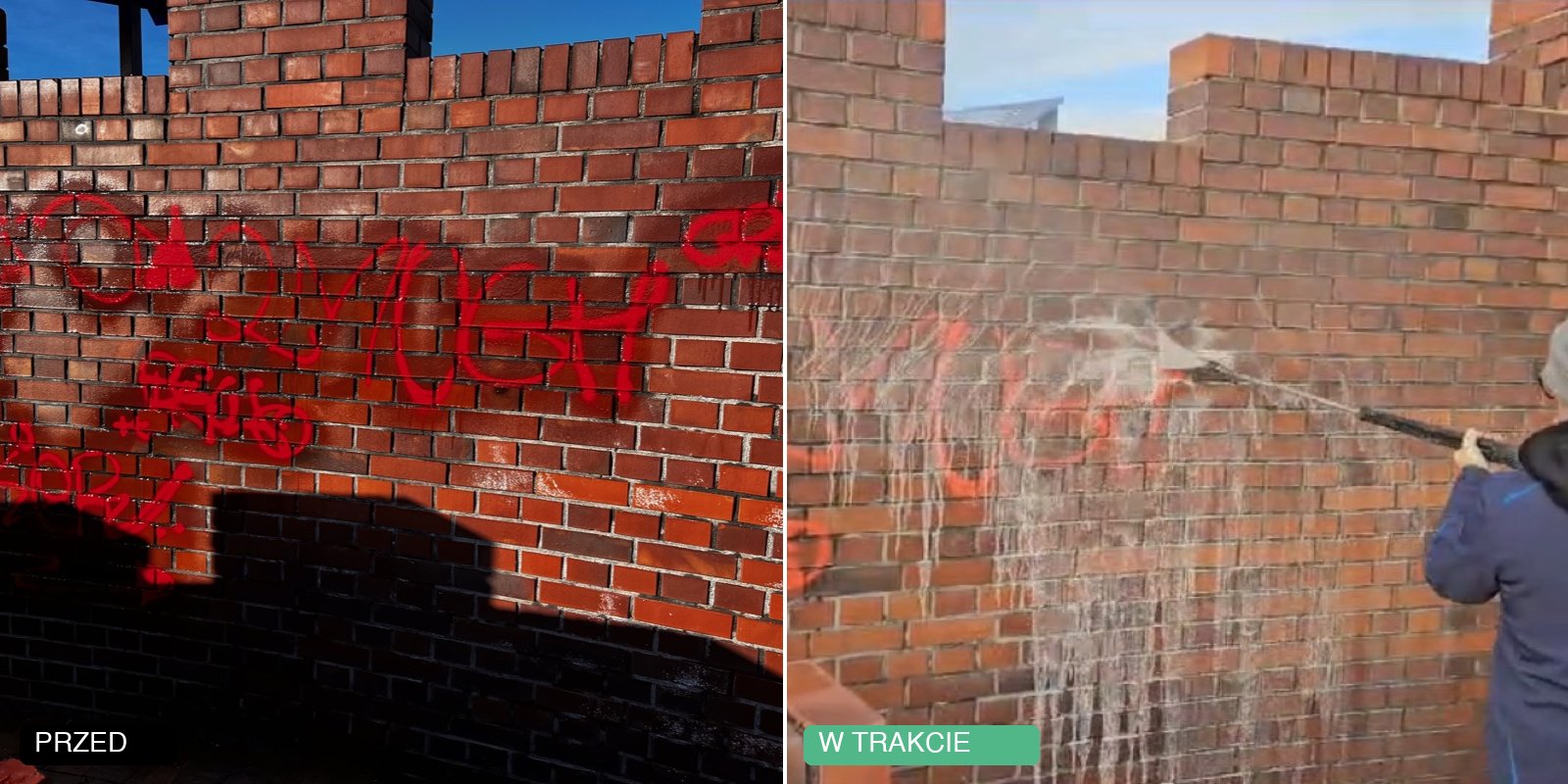 Usuwanie graffiti — efekt przed i w trakcie czyszczenia